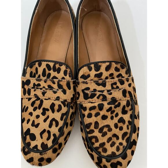 J. Crew Animal Print Leopard Leather Penny Flats Loafers Tan Black Size 7 - Picture 5 of 9